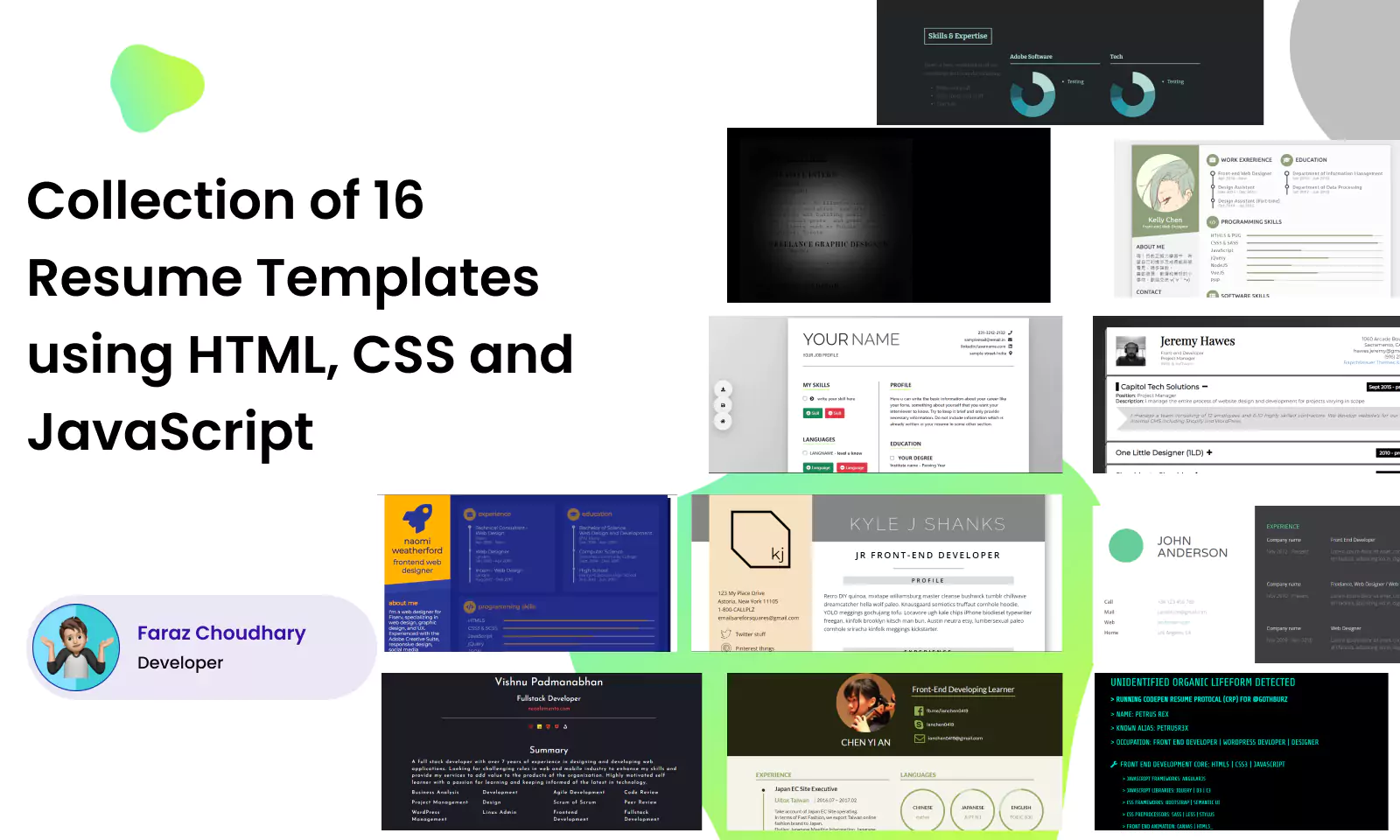 Collection of 16 Resume Templates Using HTML, CSS, and JavaScript